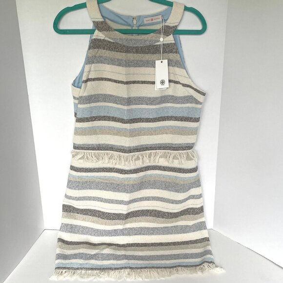 Tory Burch Mini Fringed Boho Dress 10 Ivory Sleeveless Cotton Sheath Stripe - Picture 7 of 14